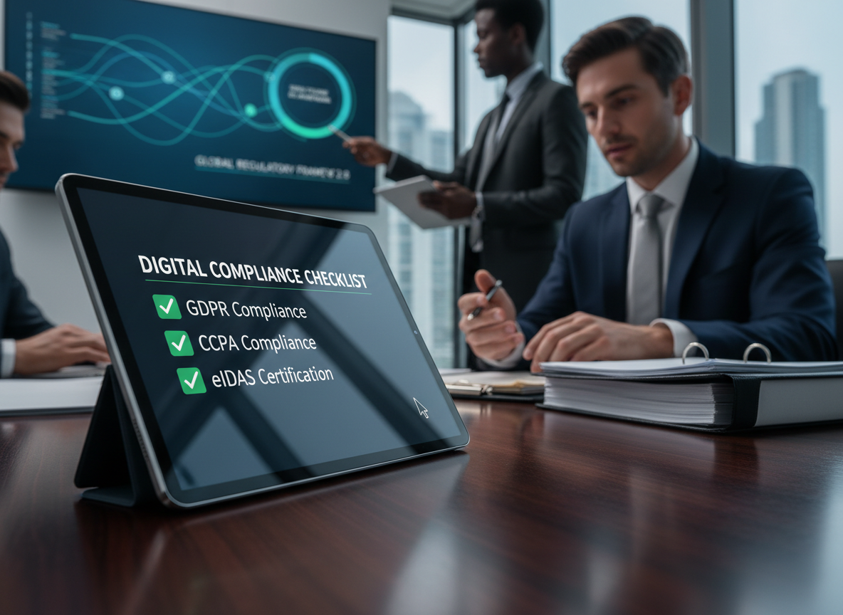 A digital tablet displaying a compliance checklist with GDPR, CCPA, and eIDAS items marked complete in a corporate boardroom setting.