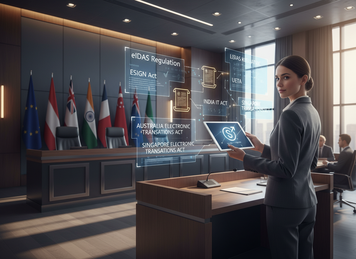 A businesswoman in a courtroom setting viewing holographic overlays of digital signature laws like eIDAS and <a href=