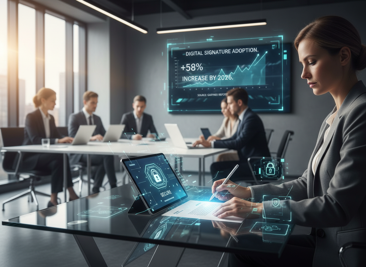 Business professional signing a document digitally on a tablet, with holographic encryption overlay symbolizing security and authentication in digital workflows.