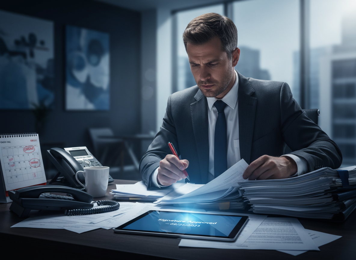 A manager in a corporate office frustrated by manual approvals, with a glowing tablet showing a digital signature as the solution.